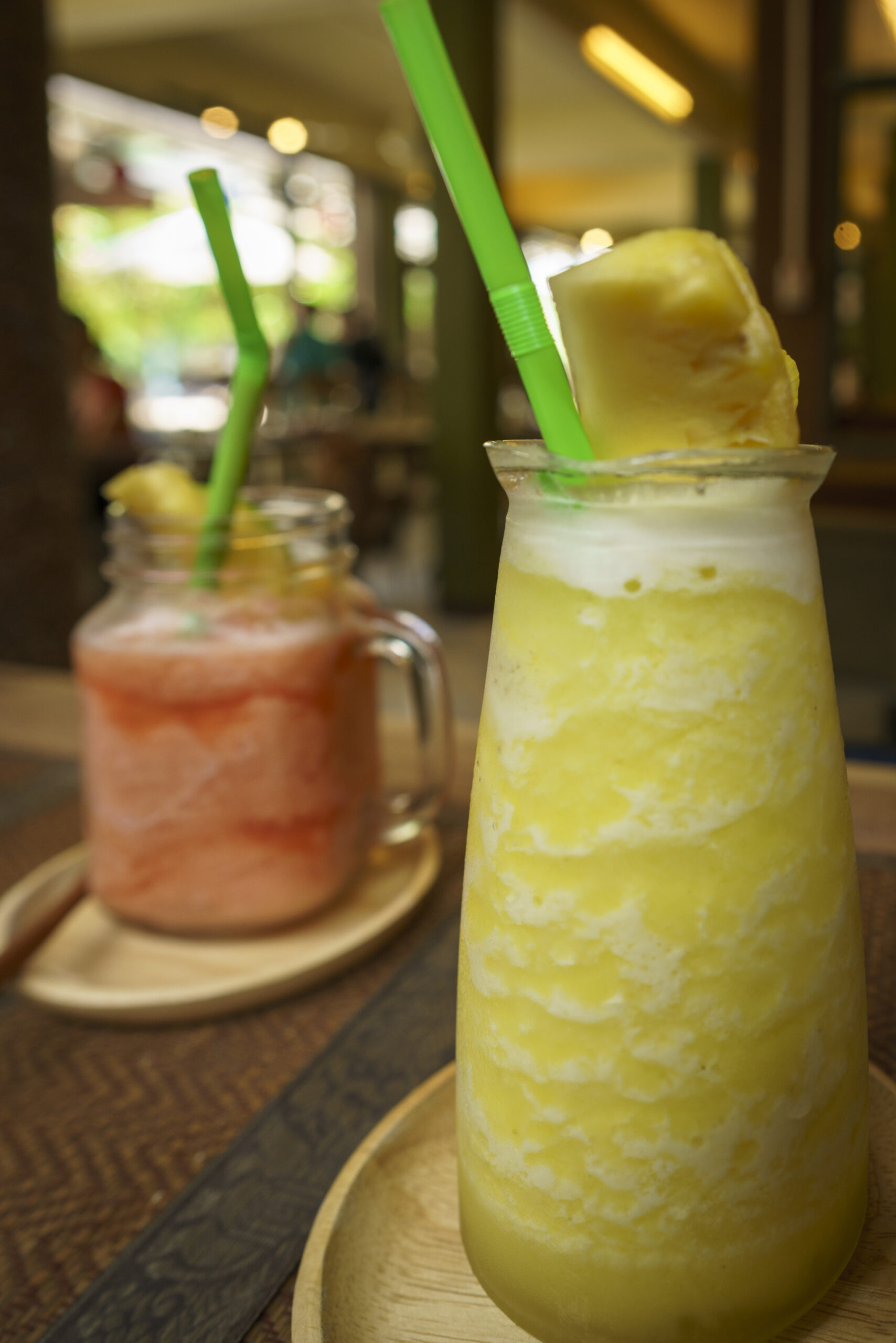 Ayutthaya, Th - Fresh pineapple juice and watermelon juice blend drinks at Coffee Old City restaurant. Photo by CS Owsley